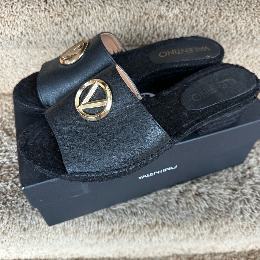 Valentino Black Slides with Gold Emblem